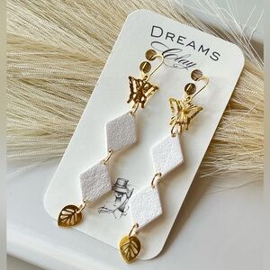 Elegant White & Gold Butterfly Polymer Clay Drop Earrings - Women Jewelry